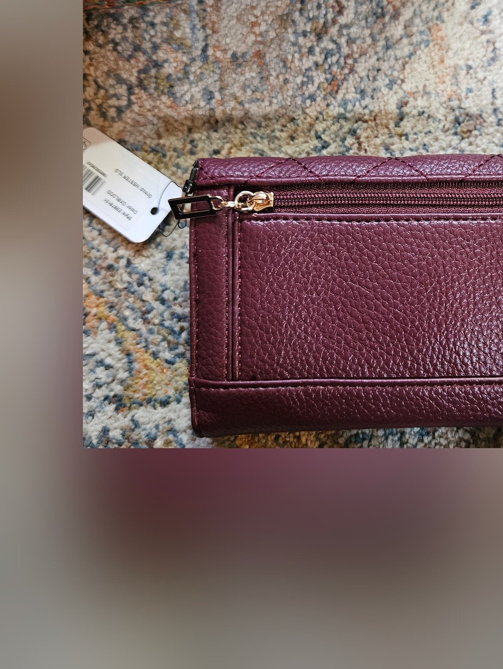 GUESS Burgundy Quilted Wallet & Multicolor Woven Straw Pom Pom Clutch Bag Set - Picture 9 of 11